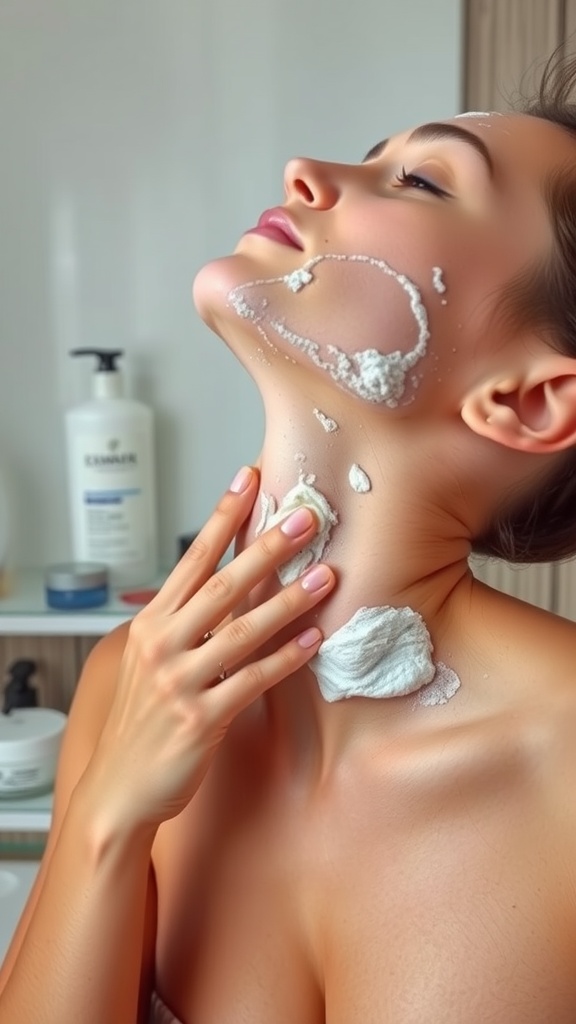 A person applying exfoliant to their neck in a bathroom setting.