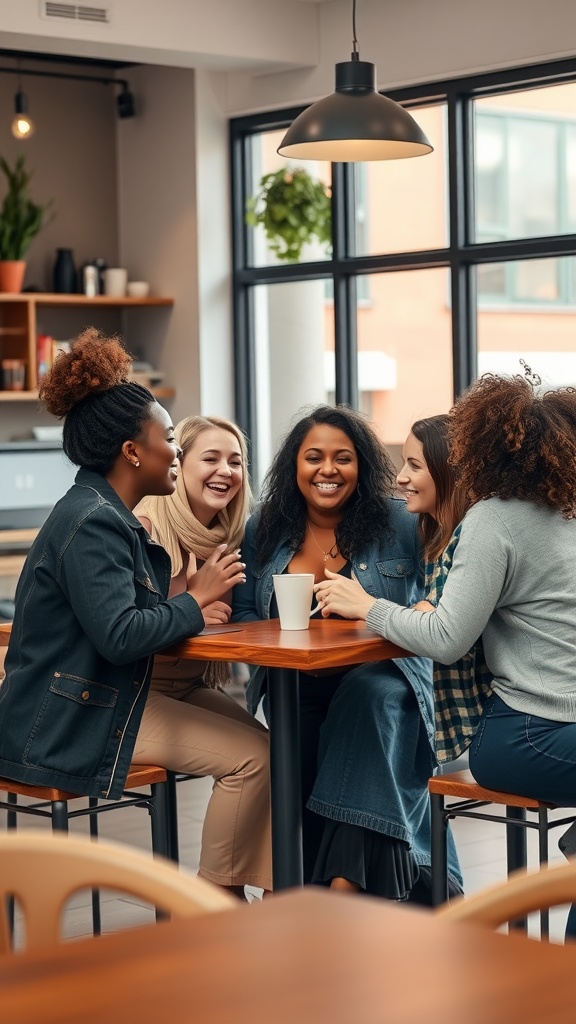 Group of women laughing and chatting at a coffee shop