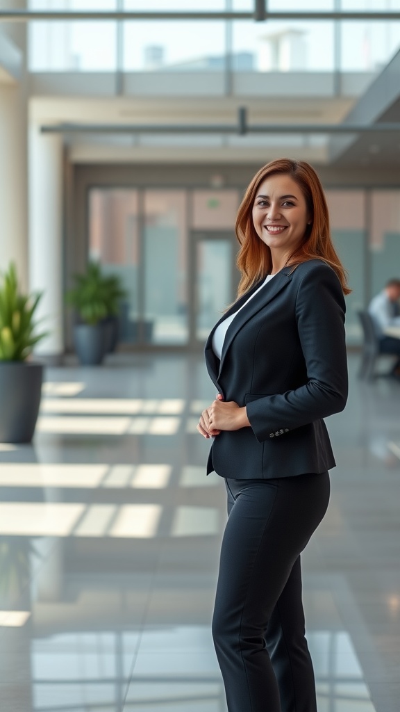 A confident woman in a professional setting, smiling and standing tall.