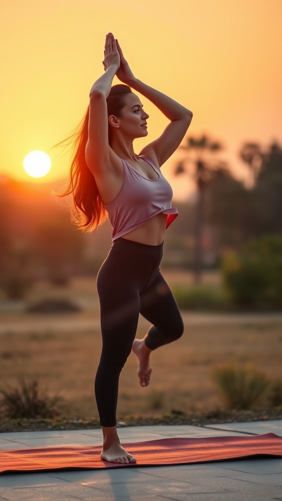 A woman practicing yoga at sunrise, showcasing empowerment and focus.