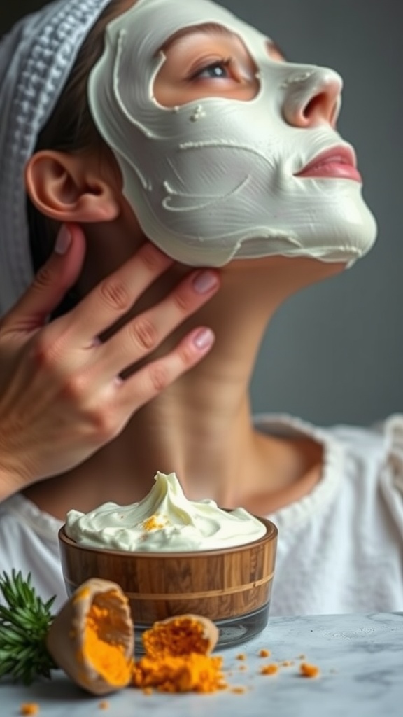 A woman applying a facial mask with a bowl of creamy mixture and turmeric on a table.