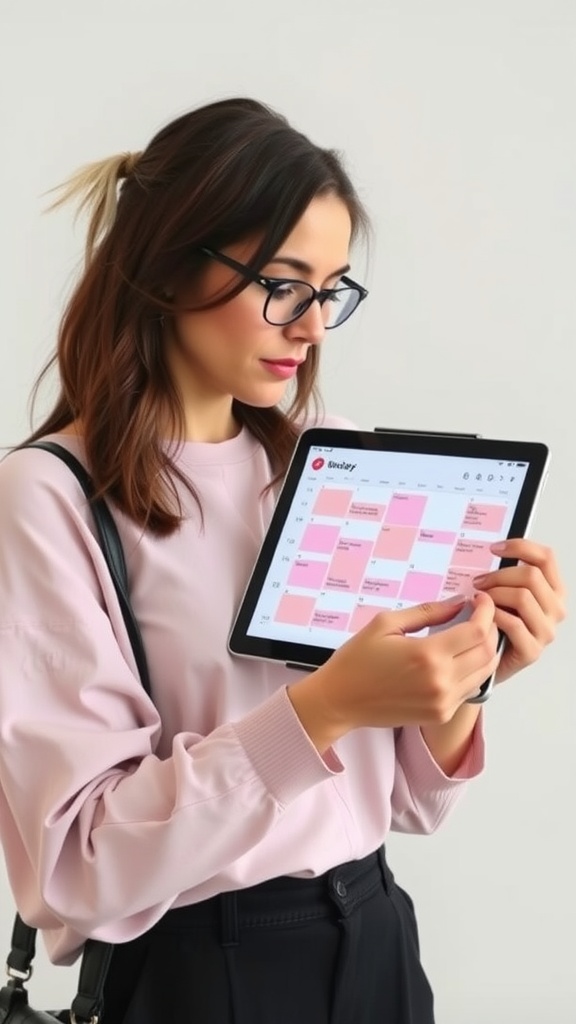 A woman with glasses looking at a digital calendar on a tablet.