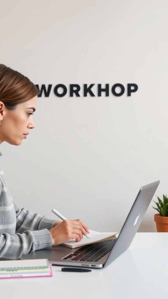 A woman focused on her laptop, taking notes, symbolizing continuous learning.