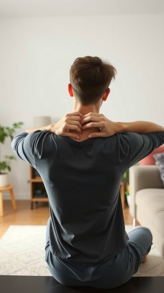 A person performing neck exercises at home