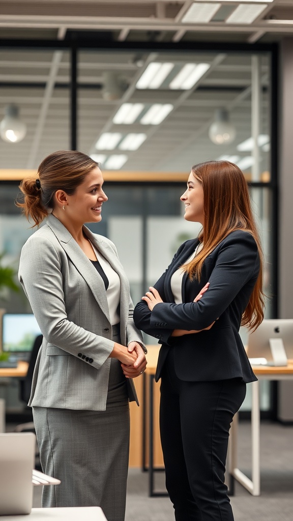 Two professional women engaged in a friendly conversation in an office setting.