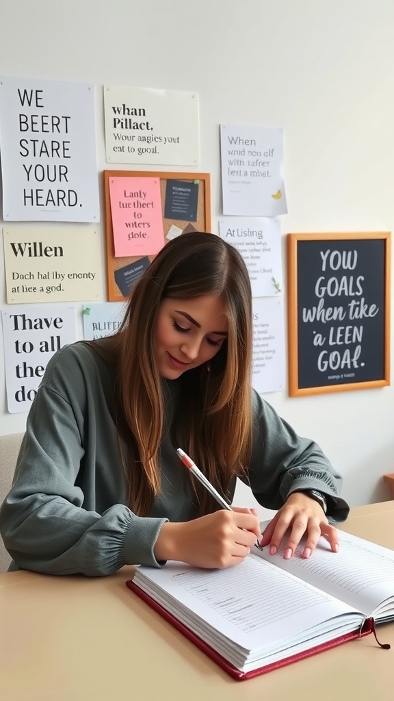 A woman writing in a notebook surrounded by motivational quotes on the wall.