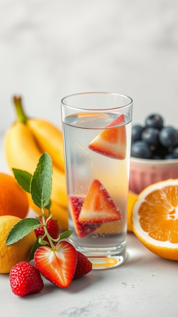 A refreshing glass of water with sliced strawberries, surrounded by fresh fruits like bananas, raspberries, and oranges.