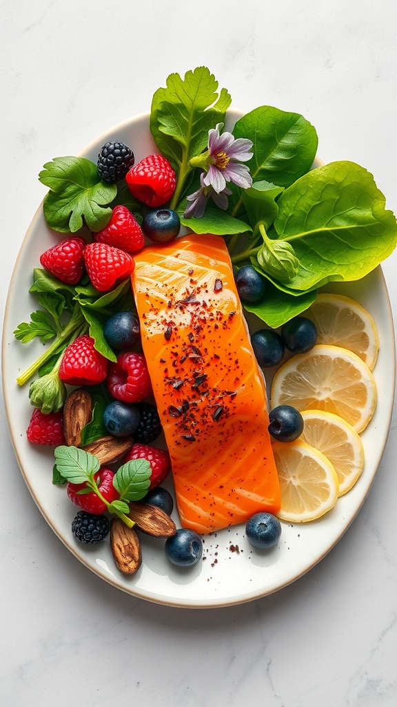 A colorful plate featuring salmon, fresh berries, and green leafy vegetables