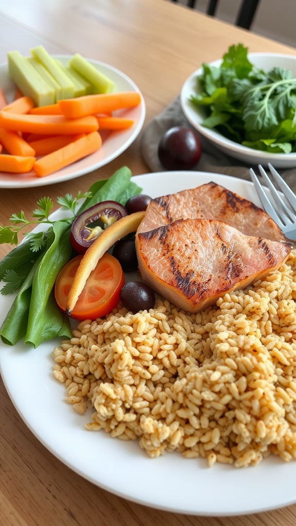 A balanced meal featuring salmon, grains, and a variety of colorful vegetables.