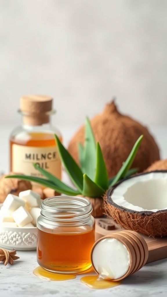 Natural ingredients for neck skin care including coconut oil, honey, and aloe vera.