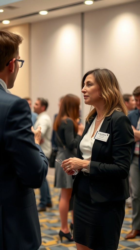 A successful woman networking at an event, engaged in conversation.