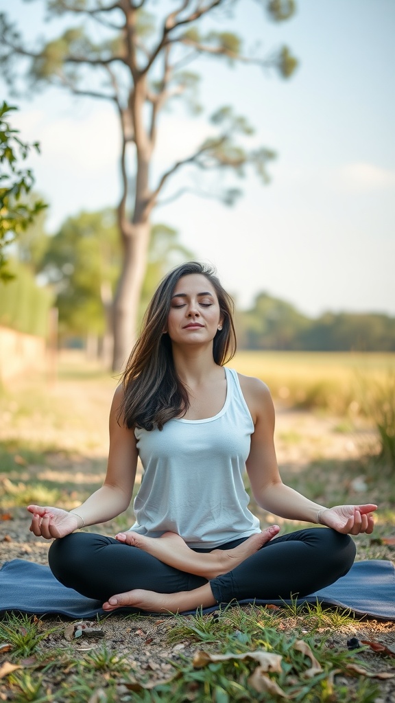 A woman meditating outdoors in a serene environment.