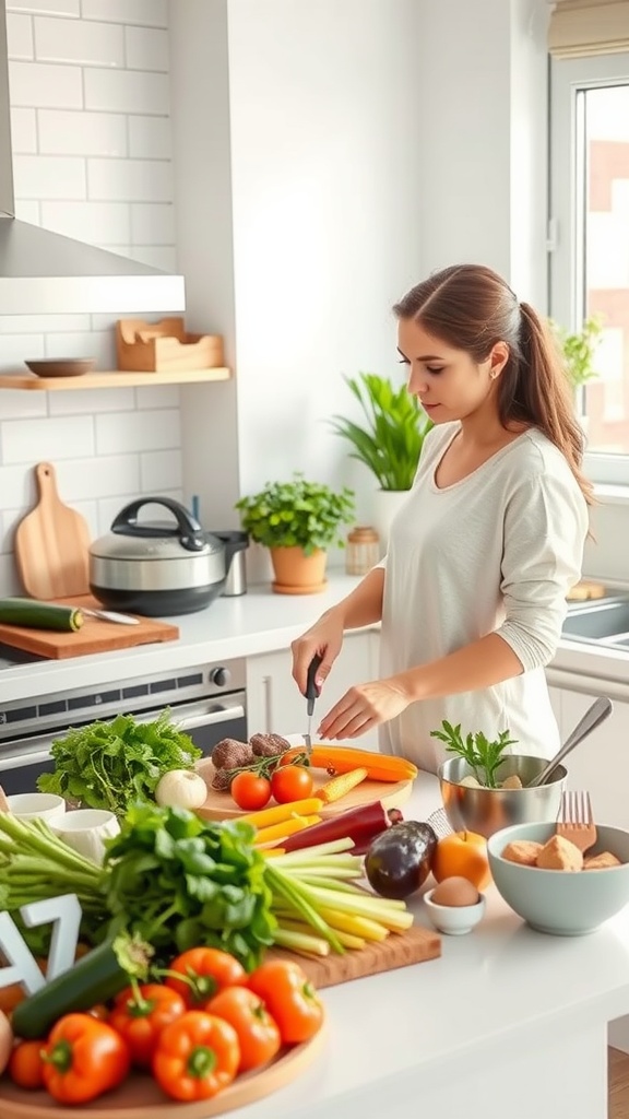 A woman preparing fresh vegetables in a bright kitchen.