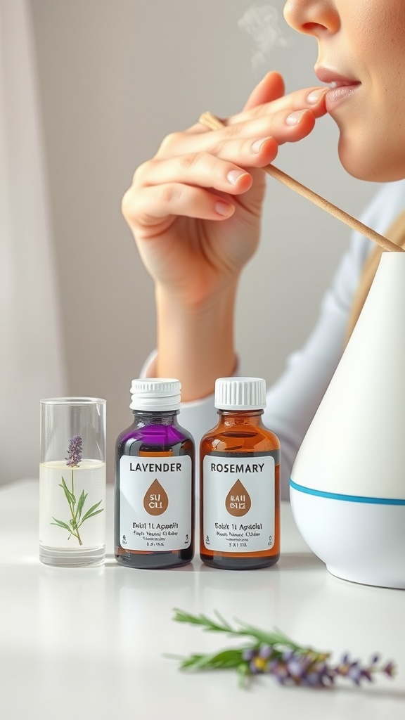 A person inhaling steam from a diffuser with lavender and rosemary essential oils on a table.